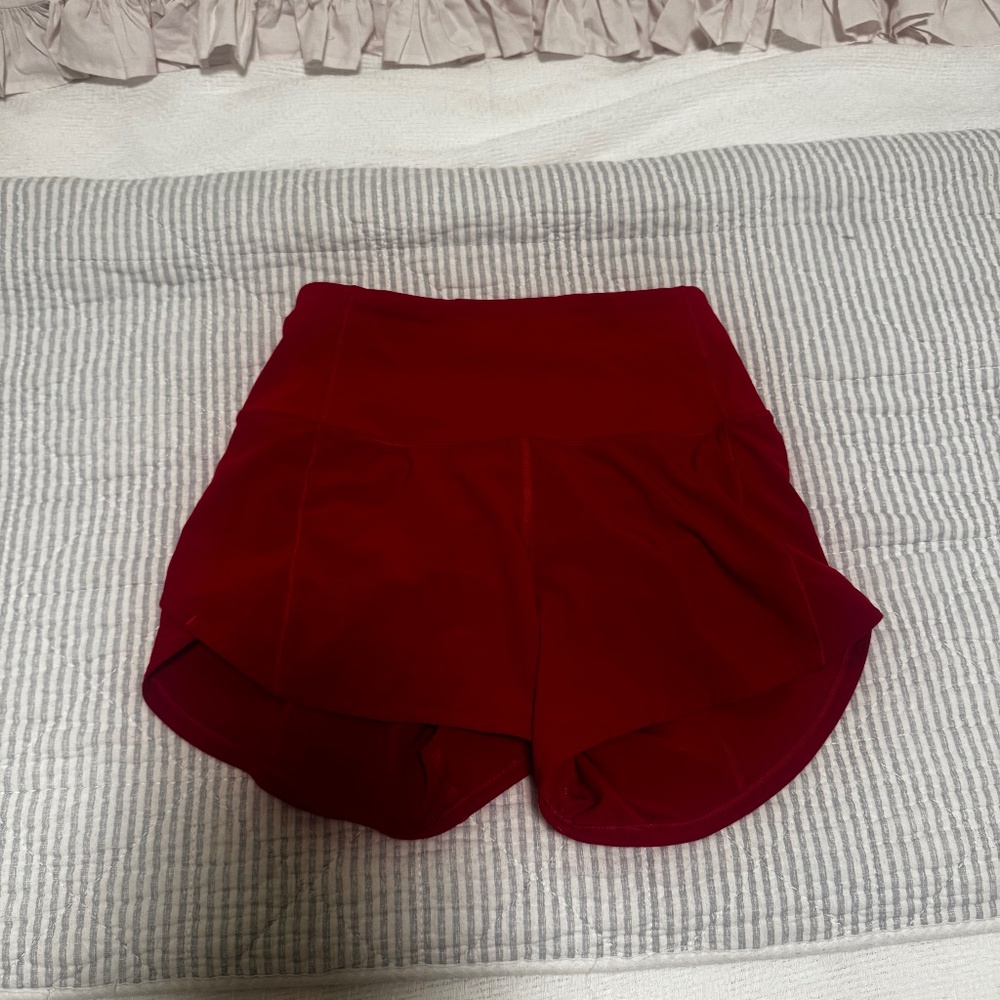 lululemon red high waisted 4 inch speed up shorts